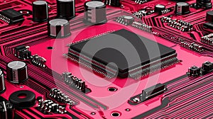 Detailed Close Up of Black Microchip on a Red Circuit Board Technology Component