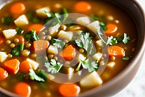 Detailed close-up of a bowl of lentil soup with a piece of crusty bread on the side, focusing on the meals simplicity