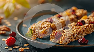 Detailed close up of chewy granola bar with a bite showing soft texture and flavorful mix ins