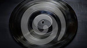 Detailed close-up of a classic black vinyl record on a dark surface