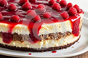 Detailed close-up of a classic cheesecake drizzled with raspberry coulis, showcasing the contrast of colors and textures