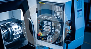 Close-up of CNC Lathe Control Panel with Screen and Buttons