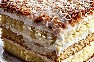 Detailed close-up of coconut layer cake with a dollop of coconut cream on top, focusing on the texture contrast and the