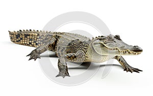 A detailed close-up of a crocodile, showcasing its textured skin and menacing appearance, isolated on a white background