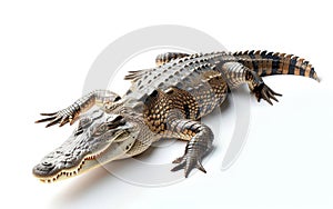 A detailed close-up of a crocodile, showcasing its textured skin and menacing appearance, isolated on a white background