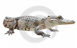 A detailed close-up of a crocodile, showcasing its textured skin and menacing appearance, isolated on a white background