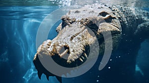 Detailed Close-up Of Crocodile Swimming In Blue Water photo