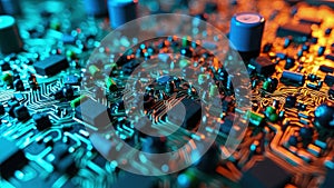 Detailed close up of electronic computer circuit board with integrated microchips and components