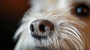 Detailed Close-Up of a Fluffy White Dogs Nose and Hair with Focus on Texture and Details
