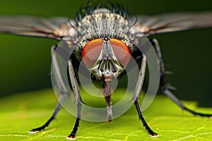 Intricate Encounter.A Magnified Moment of a Fly Alighting on a Leaf photo