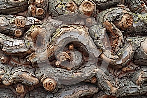 Detailed close-up of gnarled tree bark with intricate patterns and shapes in beautiful natural light