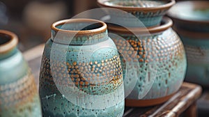 Detailed close-up of handcrafted pottery, showcasing sustainable art with natural clay and glazes, highlighted by soft