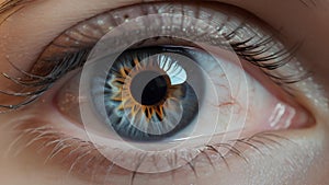 A detailed close-up of a human eye, emphasizing the intricate iris pattern and sharp reflection of light. The texture of the skin
