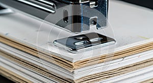 Close-up of Metal Stapler on Stack of Papers for Office Work and Document Organization