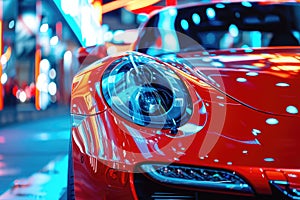 A detailed close-up image showcasing a red sports car, highlighting its sleek design and vibrant color, A sports car partaking in