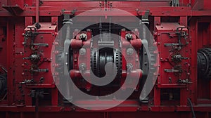 Detailed Close Up of Industrial Machinery Intricate Engine Components, Red Mechanical Parts, Engineering Precision, Manufacturing