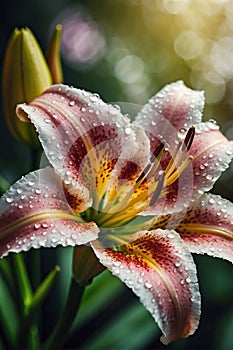 Detailed Close-Up: Lily Flowers Adorned with Dew Drops