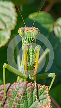 Detailed close up macro photograph capturing a praying mantis for precise observation