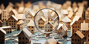 Detailed close-up of miniature cardboard houses viewed through a magnifying glass representing real estate analysis or property