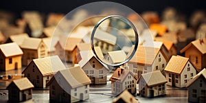 Detailed close-up of miniature cardboard houses viewed through a magnifying glass representing real estate analysis or property