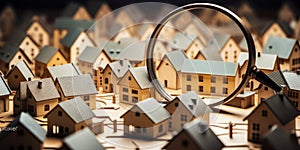 Detailed close-up of miniature cardboard houses viewed through a magnifying glass representing real estate analysis or property