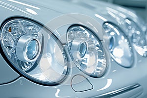 Detailed close up of modern car headlights for enhanced visibility and searchability