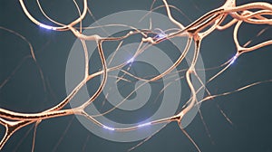 Detailed close-up of a neural network with active impulses, brain cell communication.