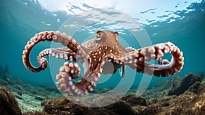 Detailed close up of octopus underwater, illustrating diverse ocean and sea creatures