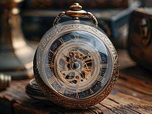 Detailed Close-Up of Pocket Watch on Table