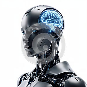 Humanoid Robot Head with Glowing Brain Visible - Artificial Intelligence Concept (Generated by AI