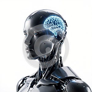 Humanoid Robot Head with Glowing Brain Visible - Artificial Intelligence Concept (Generated by AI