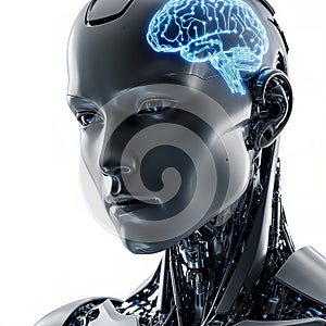 Humanoid Robot Head with Glowing Brain Visible - Artificial Intelligence Concept (Generated by AI
