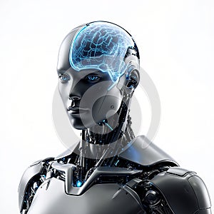 Humanoid Robot Head with Glowing Brain Visible - Artificial Intelligence Concept (Generated by AI
