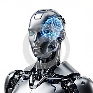 Humanoid Robot Head with Glowing Brain Visible - Artificial Intelligence Concept (Generated by AI