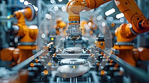 Detailed close-up of robotic arms assembling electric car components on the production line, sho