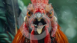 Detailed close up of a rooster crowing loudly, capturing its vibrant plumage and expressive features