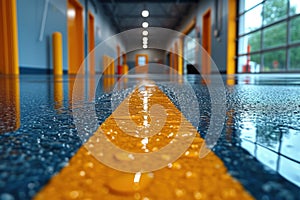 A detailed close-up of a sanitized and polished hallway with a prominent yellow line on the floor