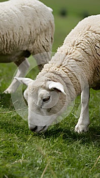 Detailed close up of sheep grazing contentedly in lush pasture