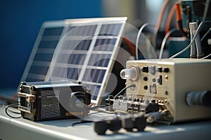 A detailed, close-up shot of essential solar energy components, such as photovoltaic cells, inverters, mounting systems,