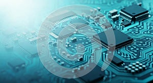 Close-up of a vibrant blue circuit board with microchips and glowing light