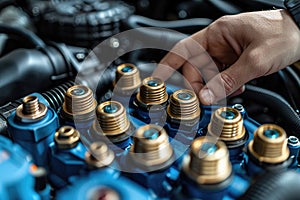 Close-up of a Mechanic\'s Hand Inspecting Engine Fuel Injectors photo