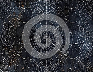 Intricate Spiderweb Pattern with Dew Drops at Night