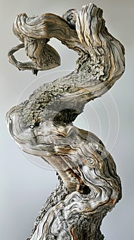 Detailed close-up of a textured and twisted tree sculpture highlighting realistic intricate details