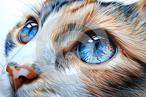 Detailed close-up view of a cats face showcasing piercing blue eyes and whiskers