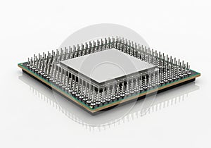 A detailed close up view of a central processing unit computer chip isolated on white background