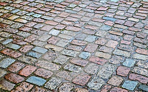 Detailed close up view on cobblestone street textures in high resolution