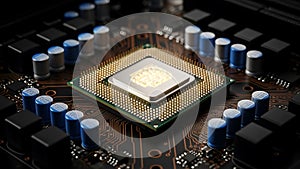 Close-up view of a computer processor on a circuit board with capacitors
