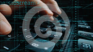 Close-up of Hands Typing on a Computer Keyboard Surrounded by Code and Digital Elements in a Futuristic Environment