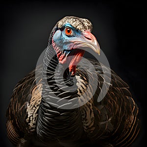 A detailed close-up view of the head of the turkey\'s beak eyes. Turkey as the main dish of thanksgiving for the harvest