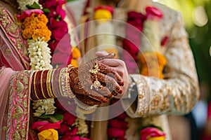 A detailed close-up view of a persons hand tightly gripping a shiny wedding ring, Groom and bride having a traditional Indian